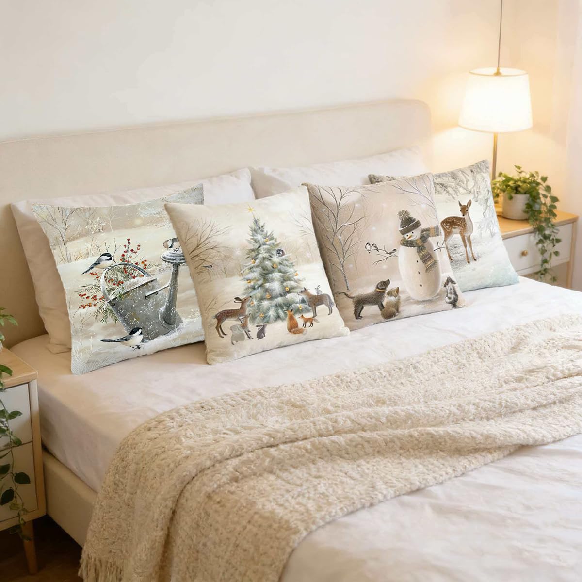 Animals Throw Pillow Cover Christmas - 18 x 18 Inch Pet Snowman Vase Deer Dog Rabbit Bird Xmas Tree Pillow Case - Set of 4 Square Winter Snowfield Pillowslip, Great for Sofa, Patio, bedroom Decor