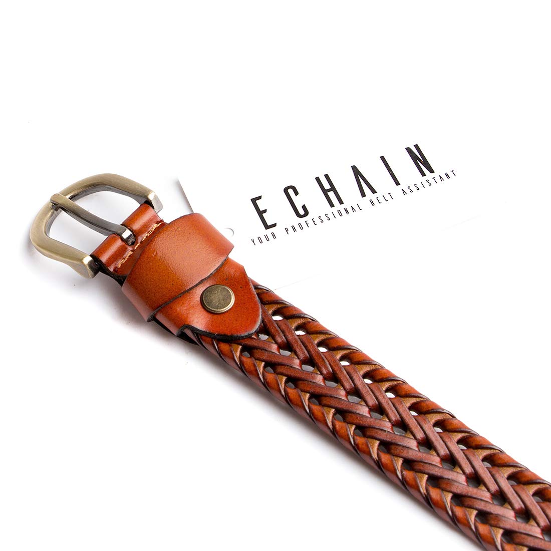 ECHAIN Women Braided Woven Genuine Leather Narrow Belt 25mm Wide (Brown, waist:35-40)