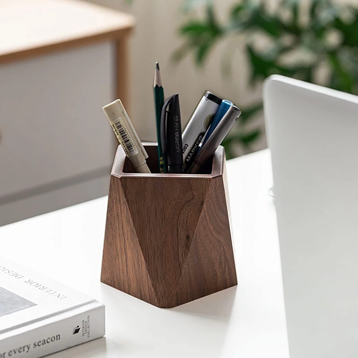 Soseelnee Black Walnut Wooden Pencil Box, Multiple-Use Desk Writing Stationary Organizer Wood Pen Holder Cups Office School Supplies Storage (Prismatic Shape)