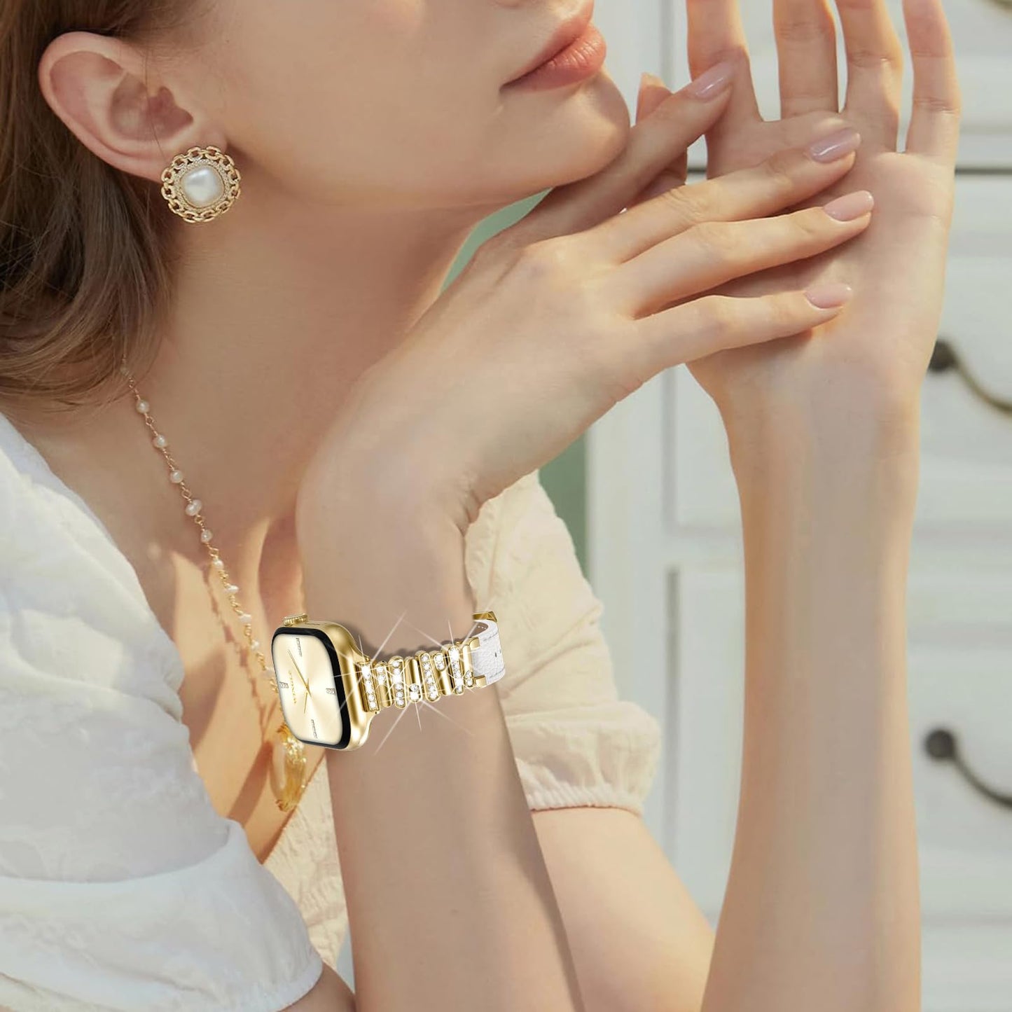WINGLE Leather Band Compatible for Gold Apple Watch Band Women 46mm 45mm 44mm 42mm Series 11 10 9 8 7 6 5 4 SE 3 2 1 Luxury Dressy Slim Elegant Leather Metal Chain Strap Bling Link Bracelet,Gold/White