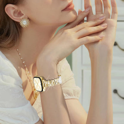 WINGLE Leather Band Compatible for Gold Apple Watch Band Women 46mm 45mm 44mm 42mm Series 11 10 9 8 7 6 5 4 SE 3 2 1 Luxury Dressy Slim Elegant Leather Metal Chain Strap Bling Link Bracelet,Gold/White