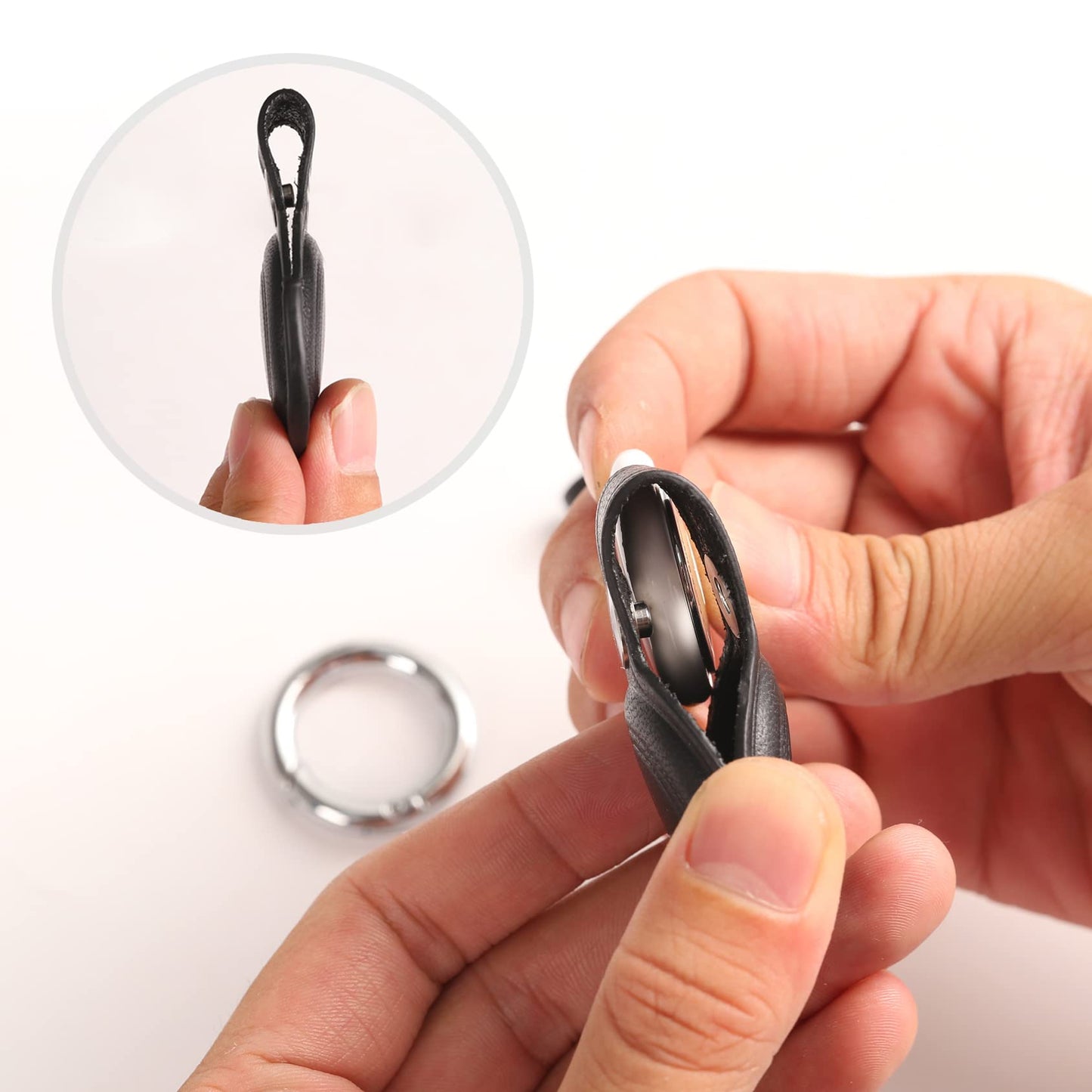 KEEPXYZ Genuine Leather Keychain Holder Compatible with Airtag, Secure for Air Tag Keychain Holder Case Cover Key Chain Ring Accessories - Black V1.0