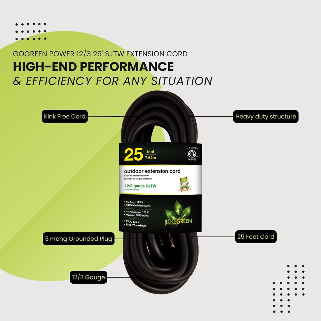 Go Green Power Inc. (G-14025BK) 12/3 SJTW Outdoor Extension Cord, Black, 25 ft