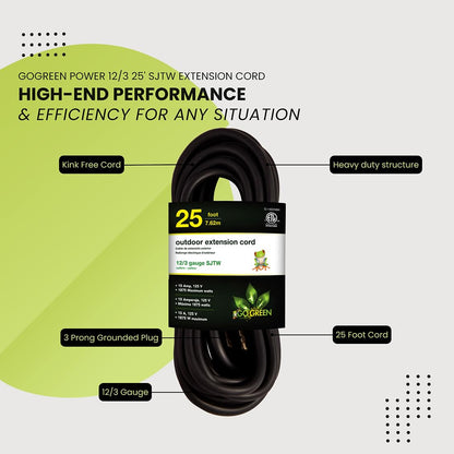 Go Green Power Inc. (G-14025BK) 12/3 SJTW Outdoor Extension Cord, Black, 25 ft