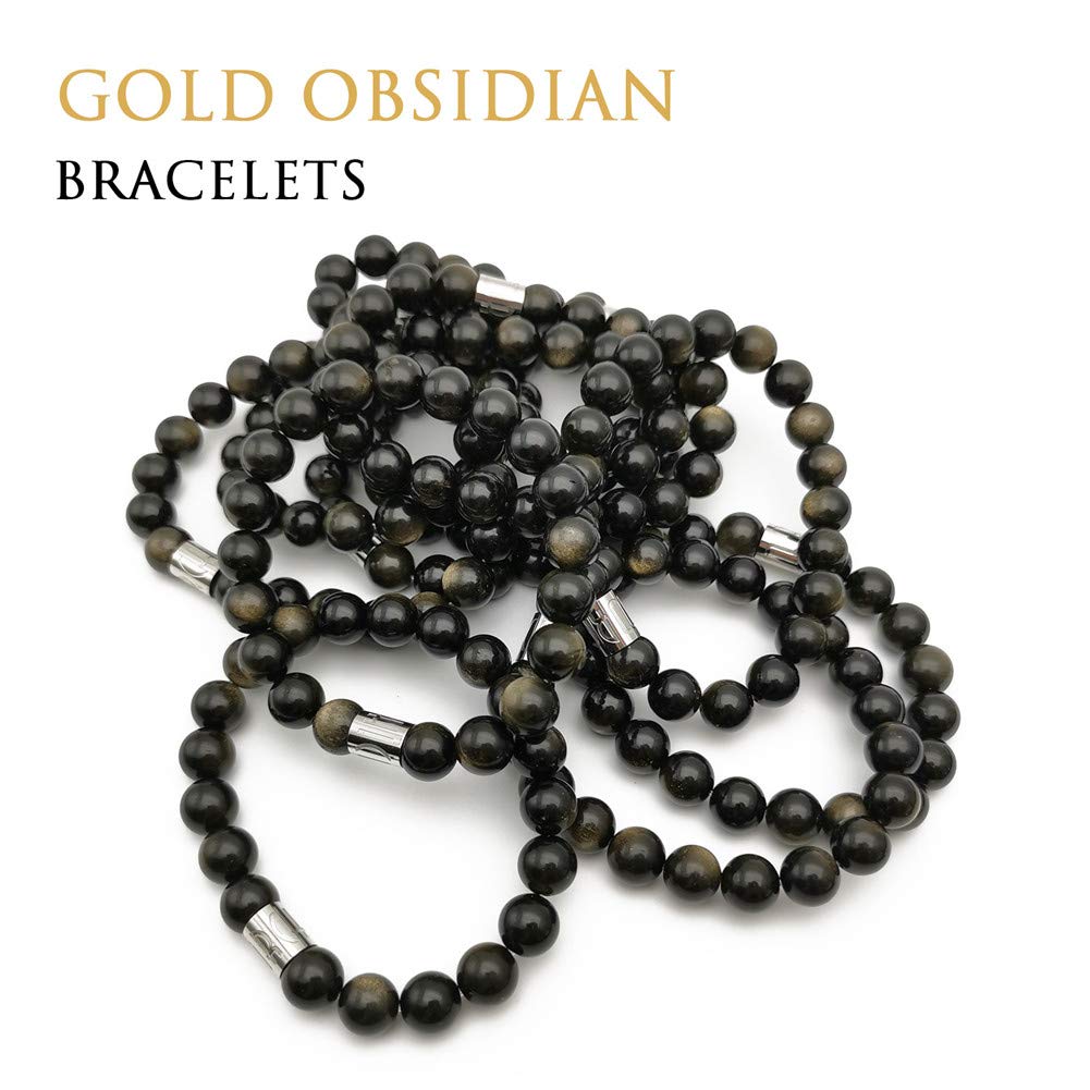Morchic Gold Obsidian Stone Stretch Bracelet for Womens Mens, Genuine Semi Precious Gemstone 10mm Beads Classic Style Birthday Gift 8 Inches