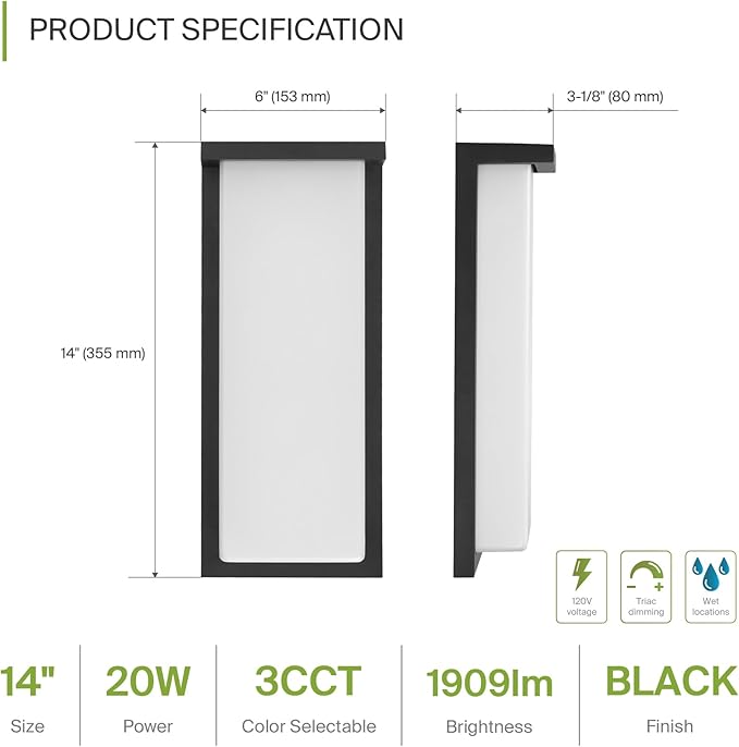 ASD LED 14" Outdoor Wall Light, Front Door House Sconce | 3CCT, Dimmable, Waterproof, ETL Listed | 20W 1900LM 3000-5000K 120V | Exterior Patio Lighting Fixture, Flush Mount Porch Lamp | Black, 4 Pack