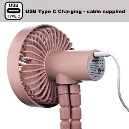 Schallen Rechargeable 4 Way Portable Lightweight Fan for Pram Fan, Car Seat, Desk, Office, Travel Fans | Clip on, Handheld, Tripod & Phone Holder (Pink)