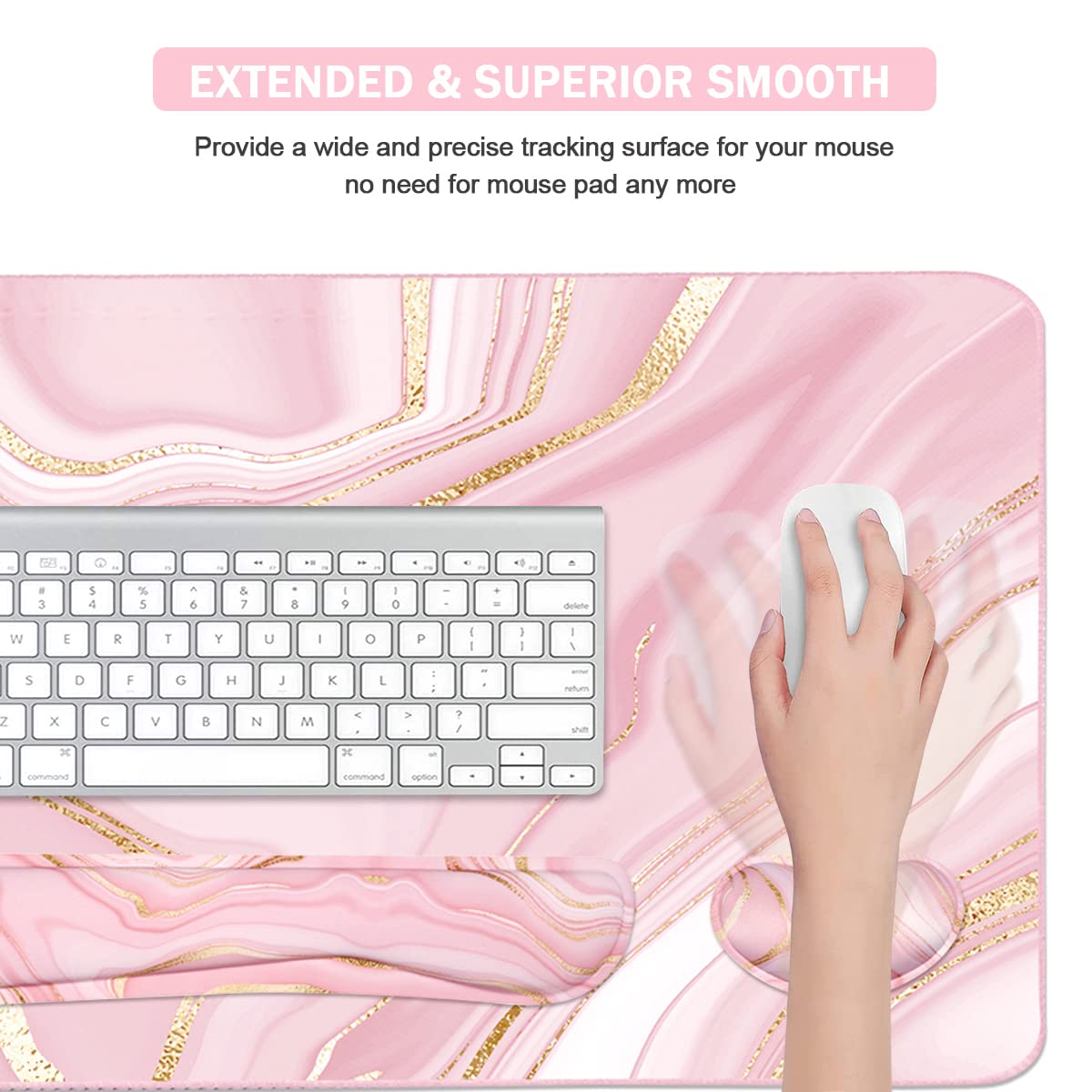 Keyboard Mouse Pad Set, Extended Mouse Pad+Keyboard Wrist Rest Support, Memory Foam Ergonomic Easy Typing, 3Pcs (35.4×15.7 in) Desk Pad Set for Home Office Study Game- Pink Gold