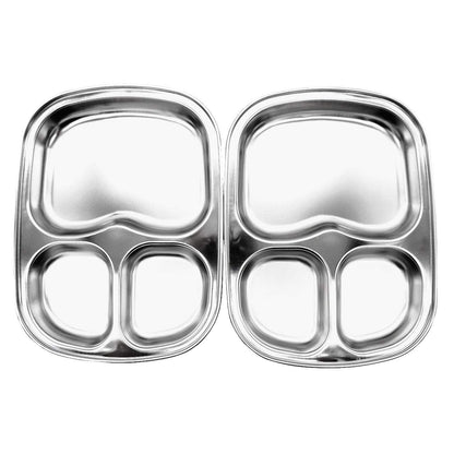 Korean Stainless Steel Divided Plates, Kids Toddlers Babies Tray, BPA Free, Diet Food Control, Camping Dishes, Compact Serving Platter, Dinner Snack, 3 Compartment Plate Silver, Set of 2