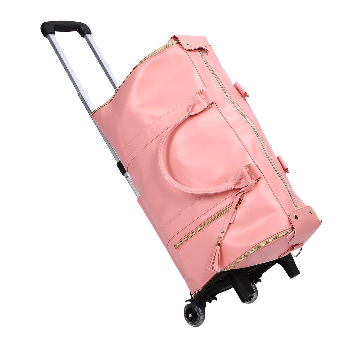Hamwesh Rolling Garment Bag, 40L PU Leather Rolling Duffle Bag Detachable Telescopic Trolley Spacious Main Compartment Front Zip Pocket, Travel with Wheels for Men Women (Pink)