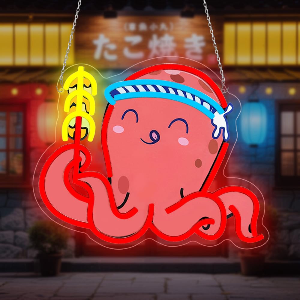 RuCvixkt Takoyaki Octopus Neon Signs for Wall Decor, Japanese Anime Sushi Neon Sign USB Powered Light for Food Shop Kitchen Living Room Restaurant Decoration