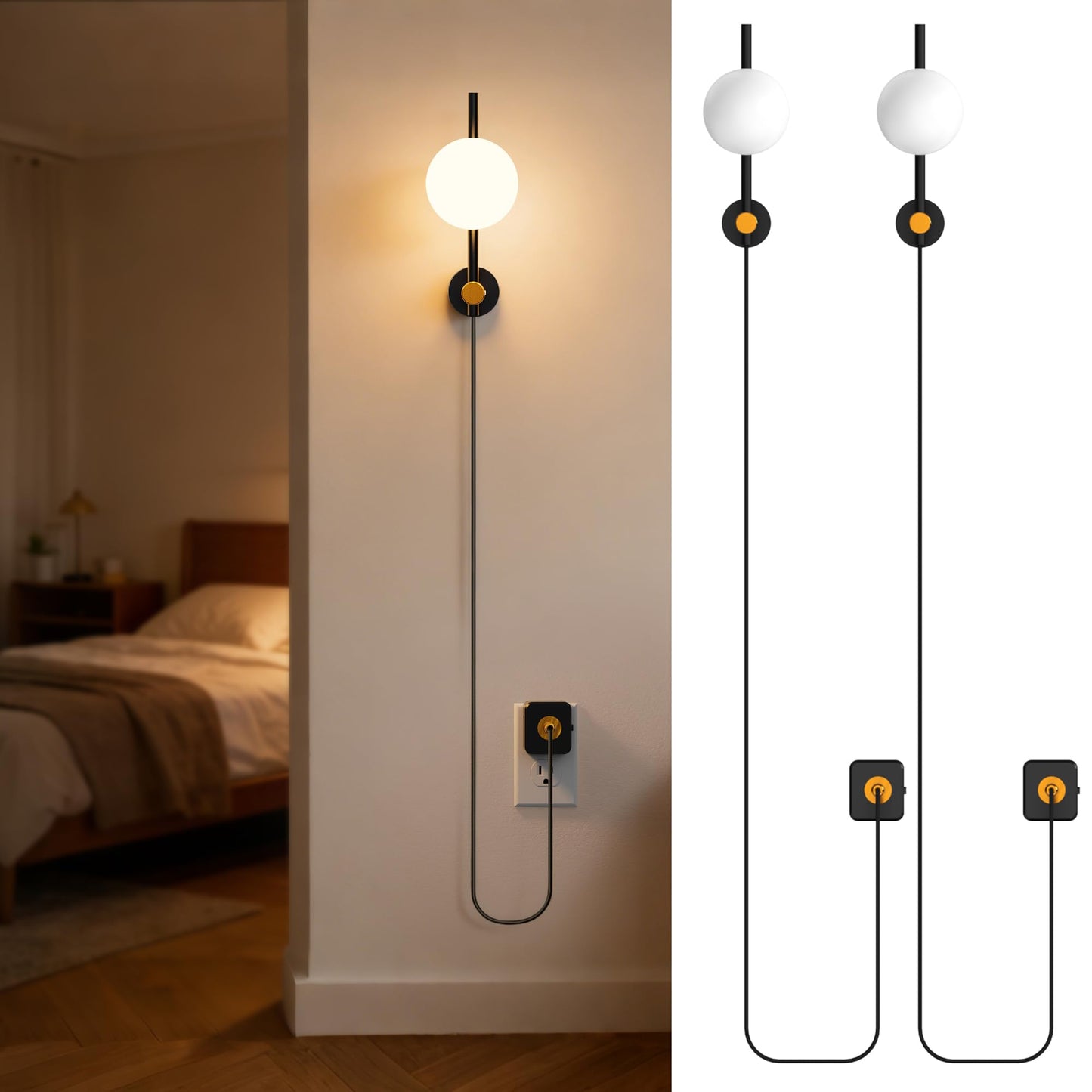 JandCase Night Lights Plug into Wall, 2 Pack 3000K Round Milky Night Light with 1.5M Braided Cord, 0-100 LM Adjustable Plug in Nightlight, Auto Light Sensor,Flexible Placement for Bedroom, Bathroom