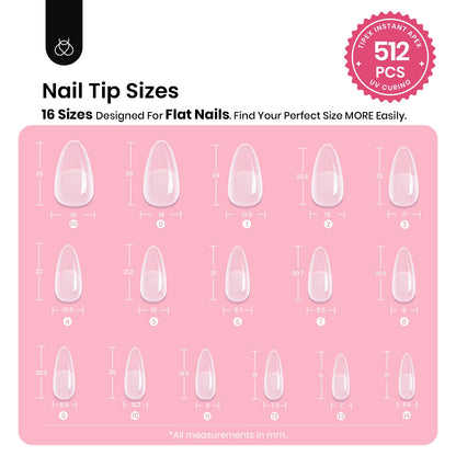 Beetles Tipex Gel Nail Kit, Medium Almond Nail Tips 224 Pcs 16 Sizes Pre-Building Pre-Etched Thick Acrylic Tips with Tipex Glue, Mini Lamp