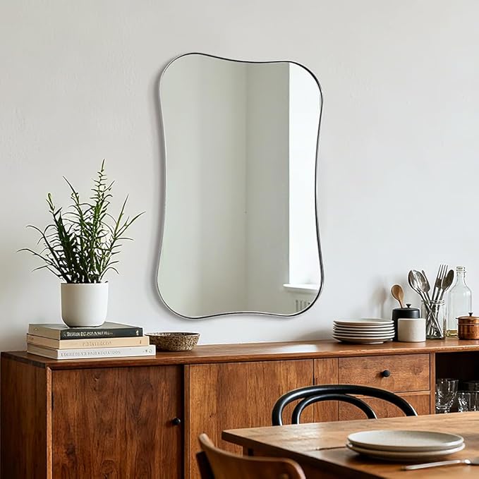 ANDY STAR Chrome Mirrors, Contempoary 24x36 Inch Scalloped Asymmetrical Bathroom Mirrors with Notched Edges in 1 Inch Stainless Steel Frame Wall Mounted Horizontal/Vertical for Home Decor