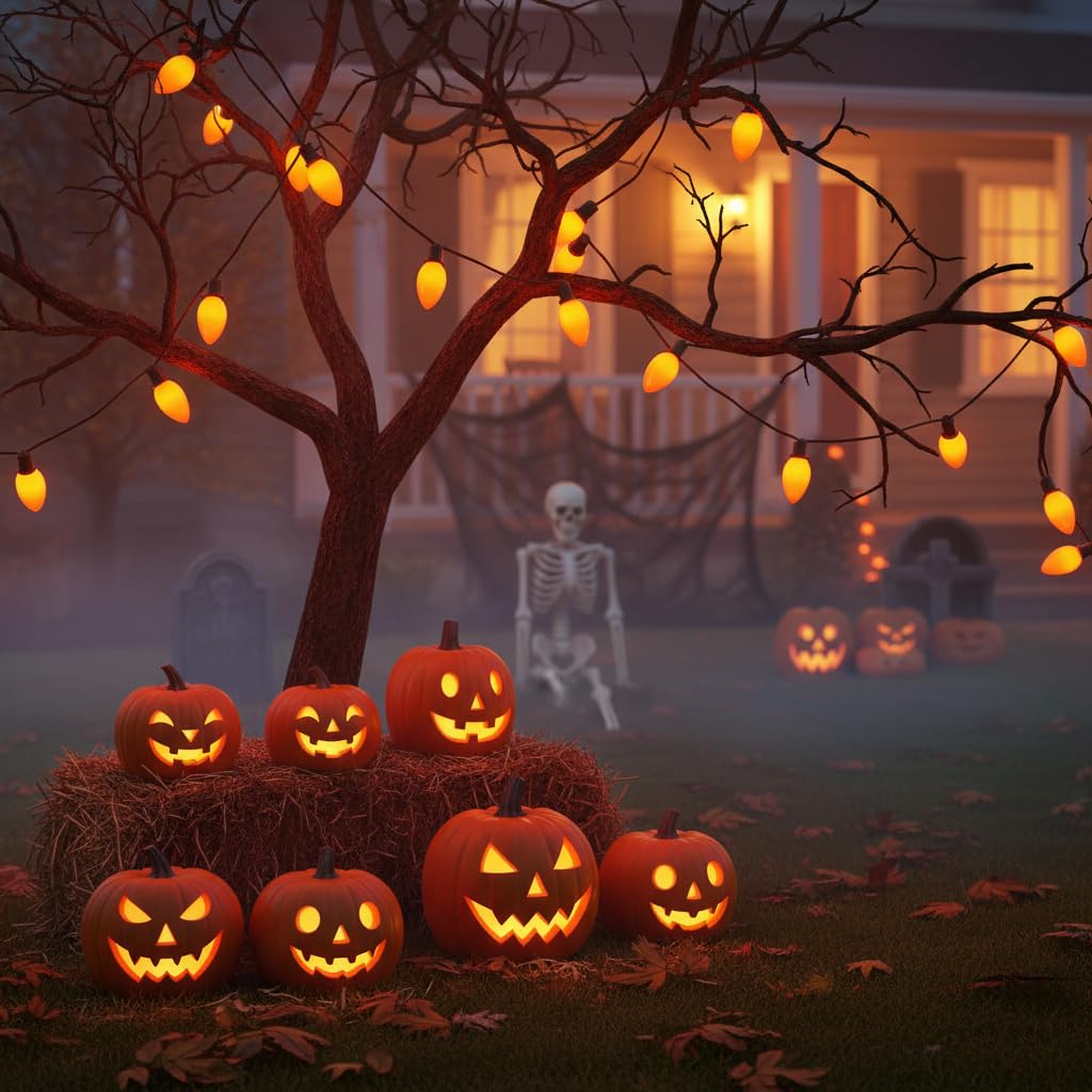 Pallerina C9 LED Orange Halloween Lights, 25 Foot 26 Bulbs String Lights, 120V Energy Saving, IP44 Weather Resistant Connectable Lights for Patio, Roofline, Garden, Festival Decoration