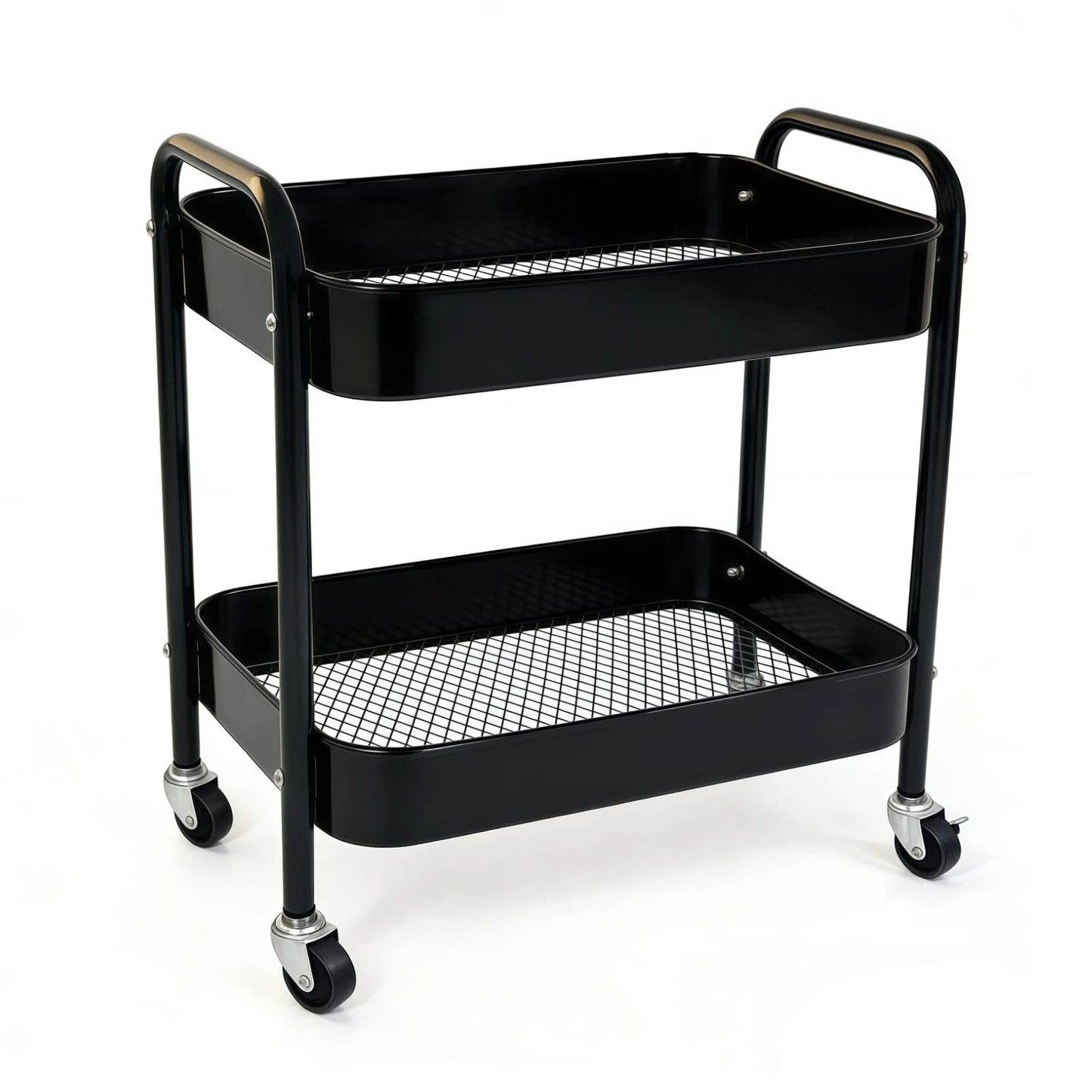 Ufriandz 2 Tier Metal Rolling Utility Cart with Wheels Under Desk Storage Cart with Handle, Roll Around Organizer Trolley for Small Space Pantry Bathroom Home Kitchen Office Snack Baby Supplies, Black