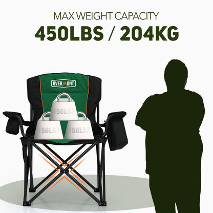 Overmont Oversized Folding Camping Chair - 450lbs Support with Padded Cushion Cooler Pockets - Heavy Duty Collapsible Chairs for Sports Garden Beach Fishing Green