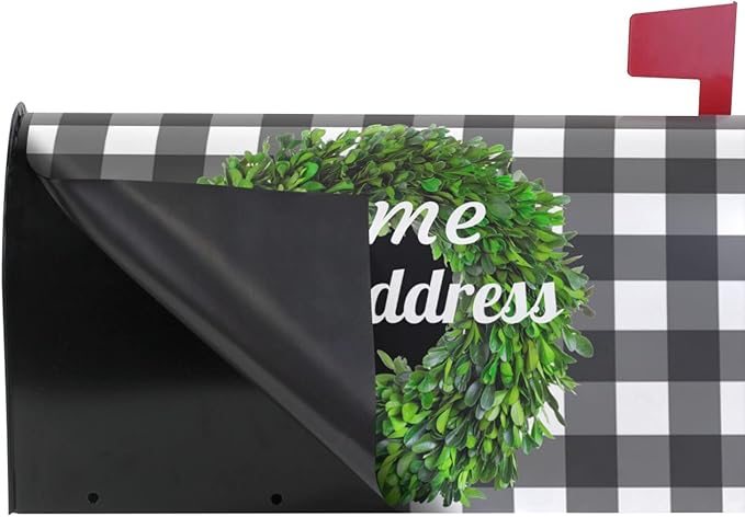 Kcldeci Custom Address Mailbox Covers Magnetic - Personalized Boxwood Wreath Plaid Mailbox Magnet Decor 21x18