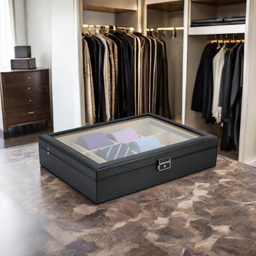 TIMELYBUYS Tie Display Case for 12 Ties, Belts, and Men's Accessories Black Carbon Fiber Storage Box Father's Day