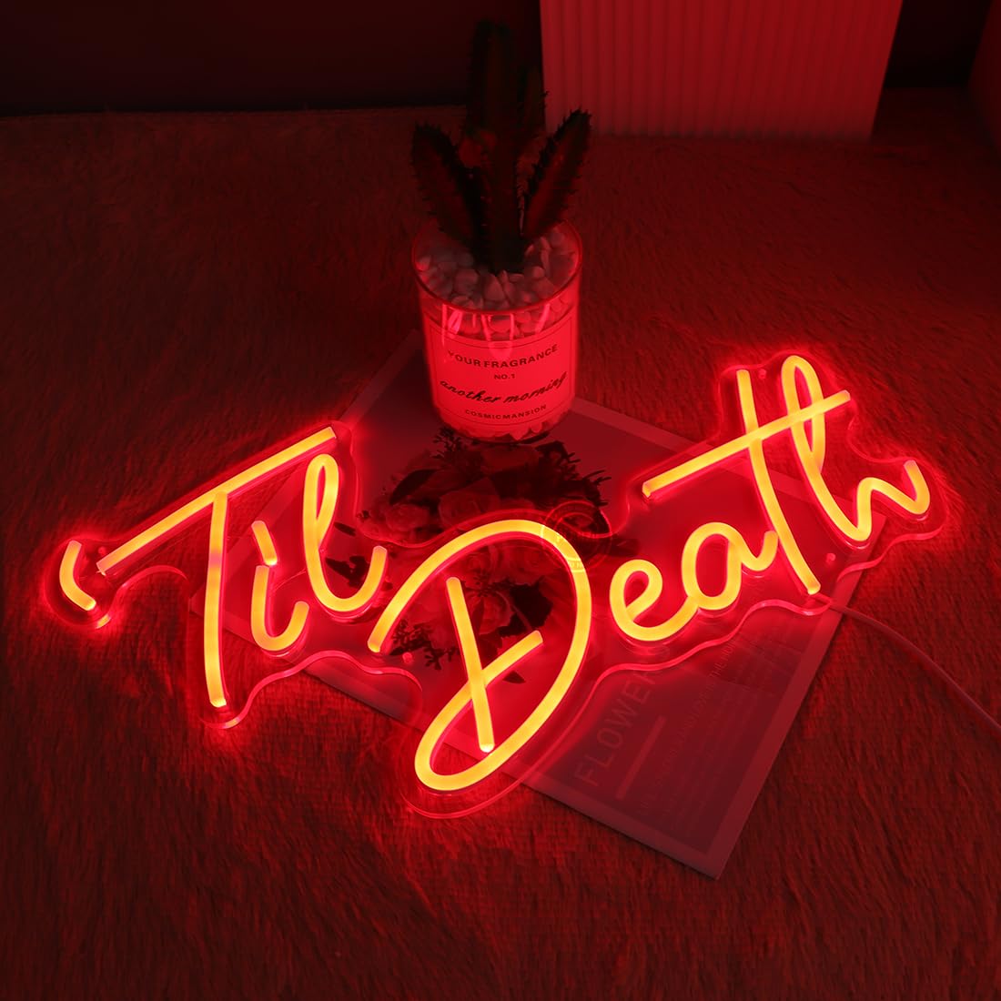 Planzo Til Death Neon Light Sign for Halloween Gothic Wedding Party Engagement Bridal Shower Banner Bedroom Wall Decor Light 5V USB Powered with Dimmer Switch 17IN Red