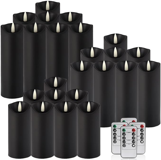 Realistic Flameless LED Candle Black Set of 24, Battery Operated with Remote Control, 3D Flame Pillar Timer Funtion Melted Top Safe,Perfect for Indoor/Outdoor Decor,Wedding,BBQ and Gift