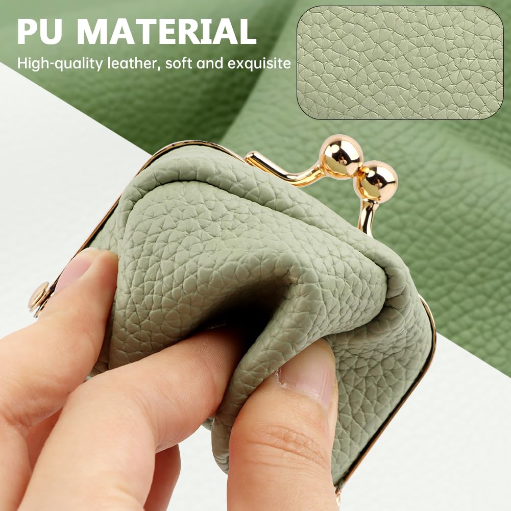Genuine Leather Mini Jewelry Box with Kiss Lock, Portable Travel Jewelry Case Coin Purse for for Rings, Earrings, Pendants, Necklaces, Small Organizer Box for Girls Women(Green)