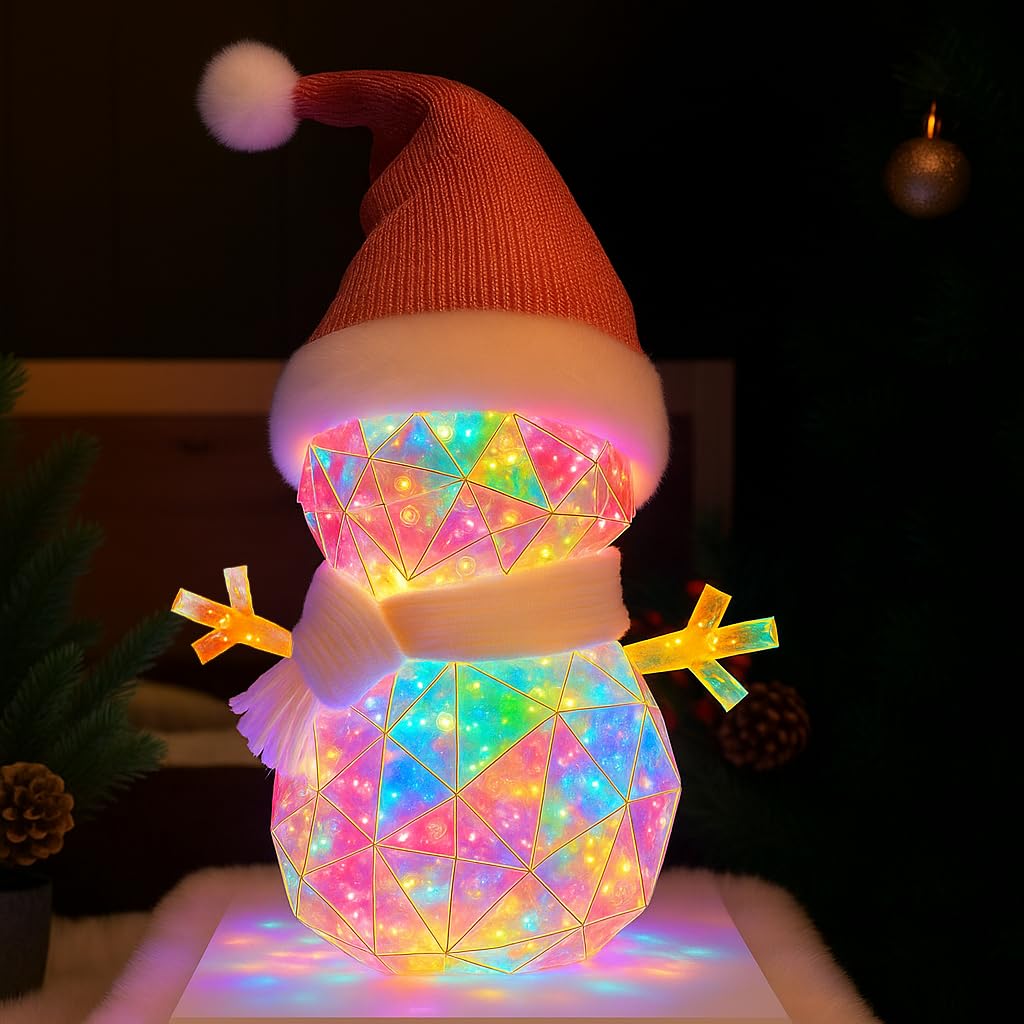 Aladdinas LED Teddy Bear Night Light, Holographic Iridescent Design, Nursery Decor Display Box with Ribbon (Snowman, Christmas)