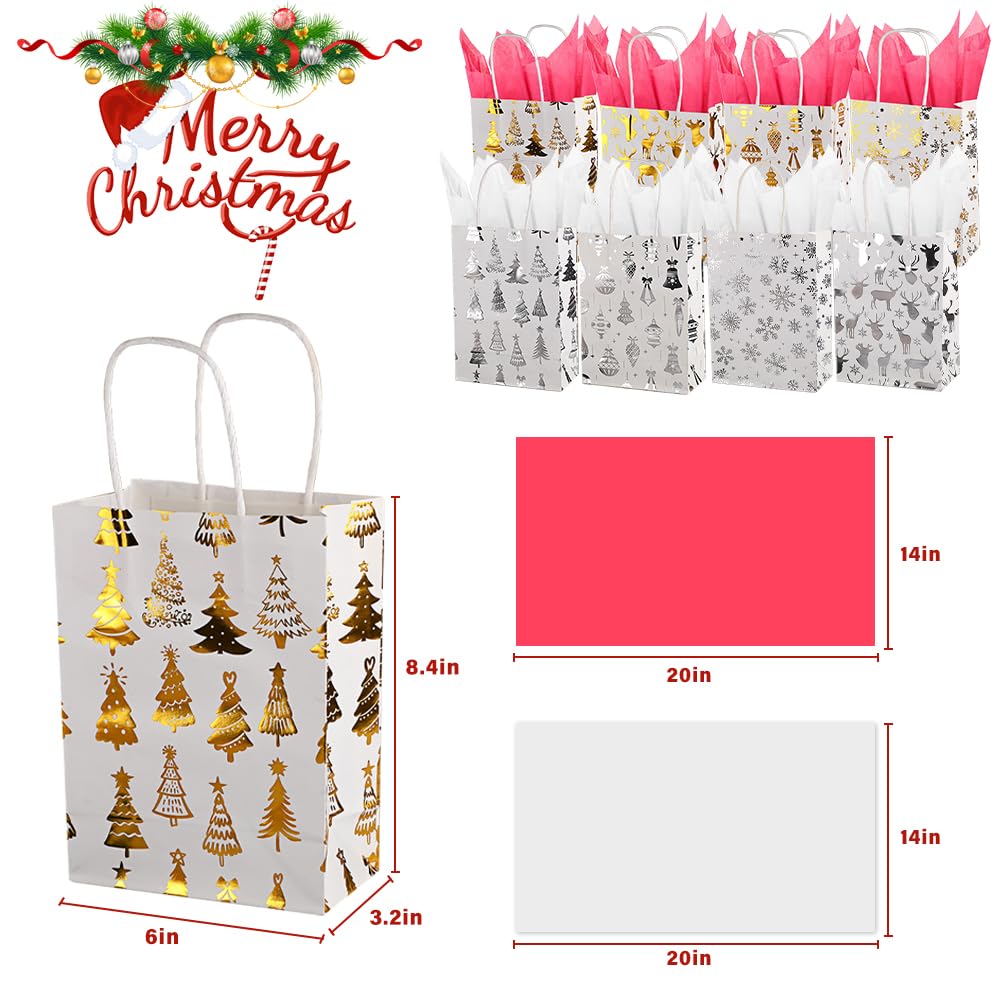 CMSSHUAI 8 PCS Small Christmas Gift Bags With Handle and Tissue,8 Designs christmas Paper Bags, Goody Bags,Christmas Treat Bags for Holiday Presents Candies Cookie Snacks