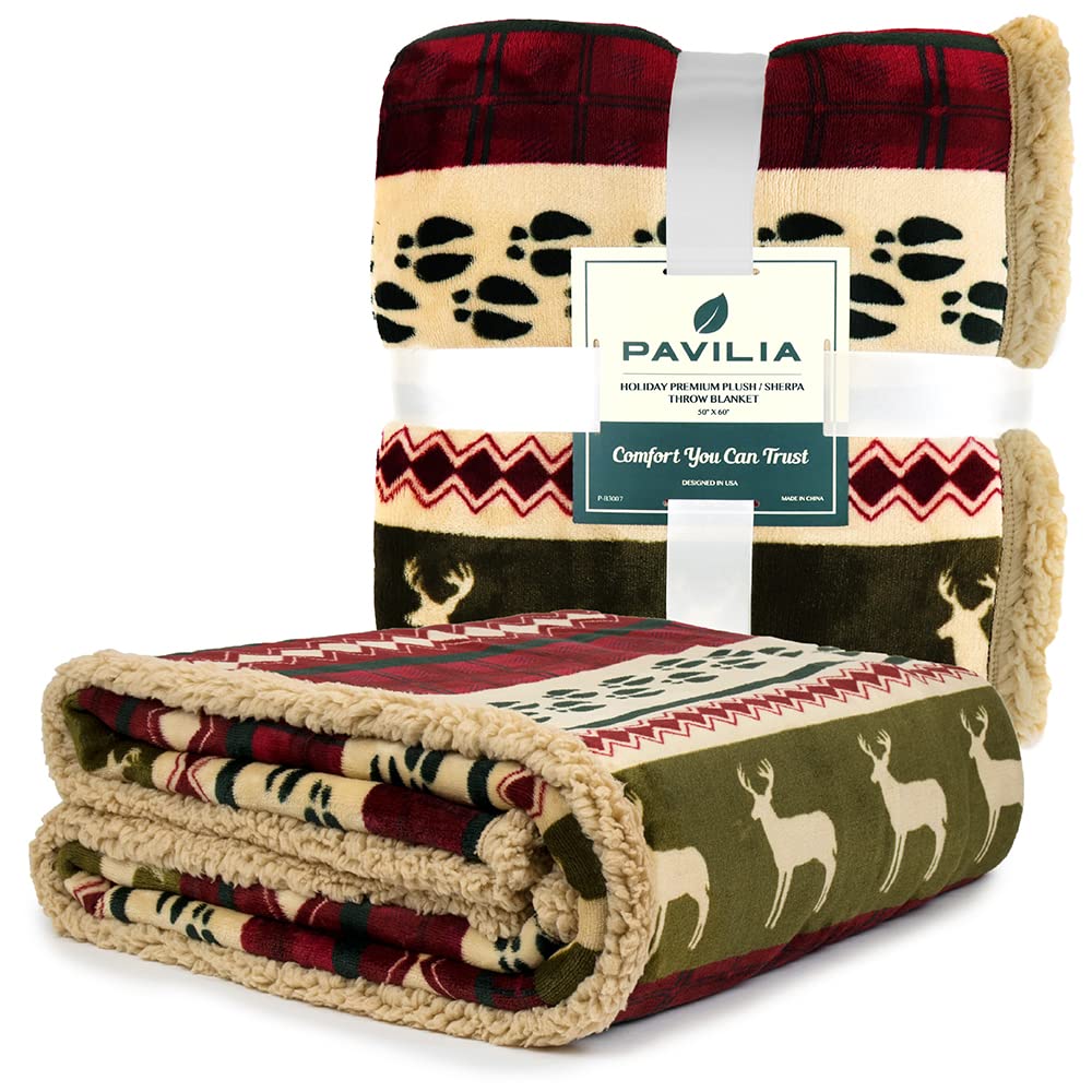 PAVILIA Premium Christmas Sherpa Throw Blanket, Green Red Cabin Design with Reindeer Print, Ultra Soft Reversible Fleece & Sherpa 50x60 Cozy Winter Blanket, Cozy Christmas & Holiday Decor