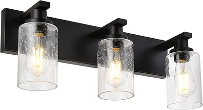 Vanity Lights 3-Lights Bathroom Light Fixtures Over Mirror in Black Finished, Bath Wall Lighting with Cylinder Seeded Glass