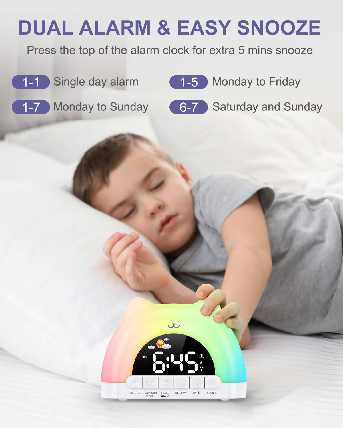 OQIMAX Kids Alarm Clock, Wake Up Clock with 11 Colors Night Light, Toddlers Sleep Training Clocks with 10 Ringtones, Brightness Adjustment, Dual Alarms Plug in OK to Wake Clocks for Girls Boys