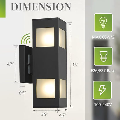 Outdoor Wall Light, 2 Pack Dusk to Dawn Outdoor Light Fixture, 13" Waterproof Black Outdoor Lights Modern, Large Up Down Exterior Lighting Fixture for Patio, Garage, Hallway, Doorway