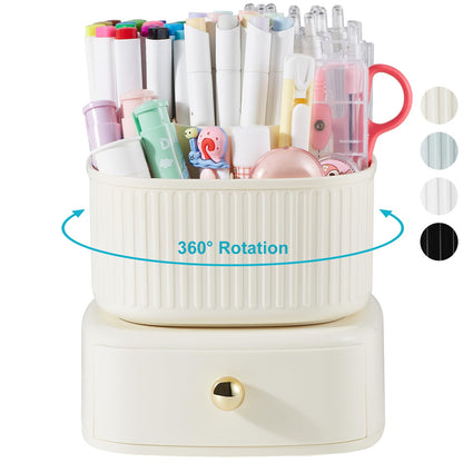 Lolocor 360 Degree Rotatable Pen Holder with Drawer, 5 Slots Office Desk Organizer Pen Holder for Desk Multi-Functional Pencil Box Desktop Stationary Organizer for Office School Home Beige