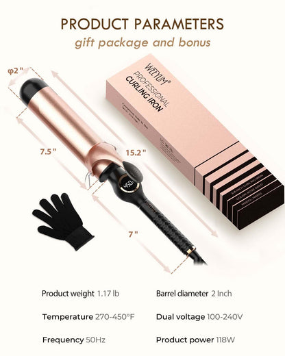 Large Curling Iron 2 Inch, Ceramic Long Barrel Hair Curling Wand, Hair Styling Tool, Dual Voltage, LCD Display, Black