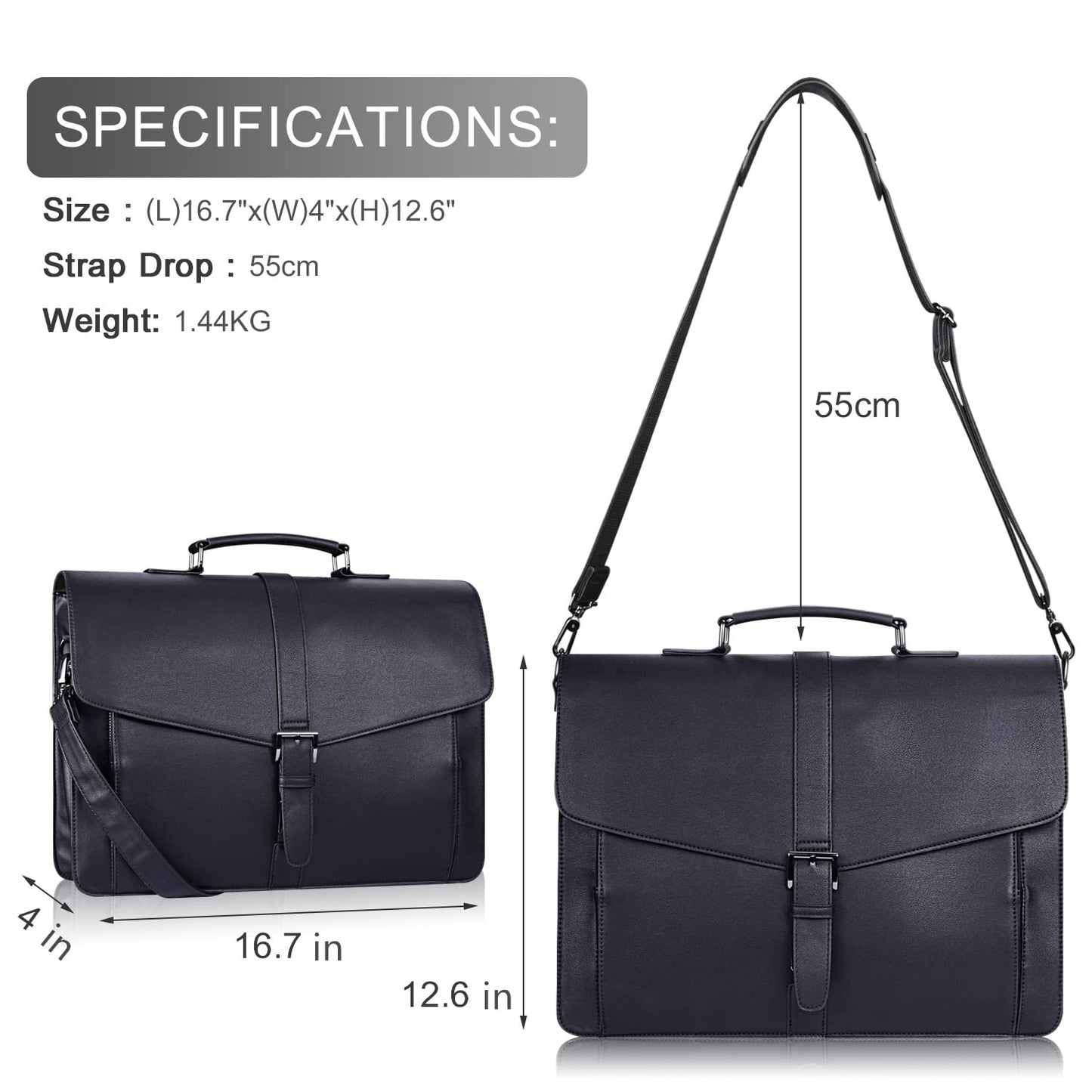 ESTARER Men's Leather Briefcase 15.6 Inch Laptop Computer Bag for Office/Business/Travel, Large Satchel Professional Pu Leather Messenger Shoulder Bag, Black