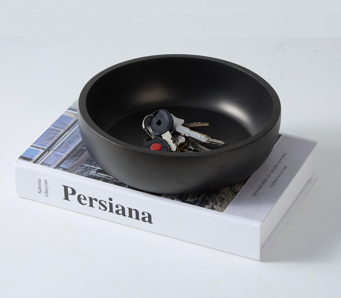 Aotea Crafts - 7.9" Concrete Large Key Bowl for Entryway Table Decor - Modern Industrial & Minimalist Decorative Key Holder Bowl for Keys- Charcoal Black- Smooth Texture - Sealed & Durable