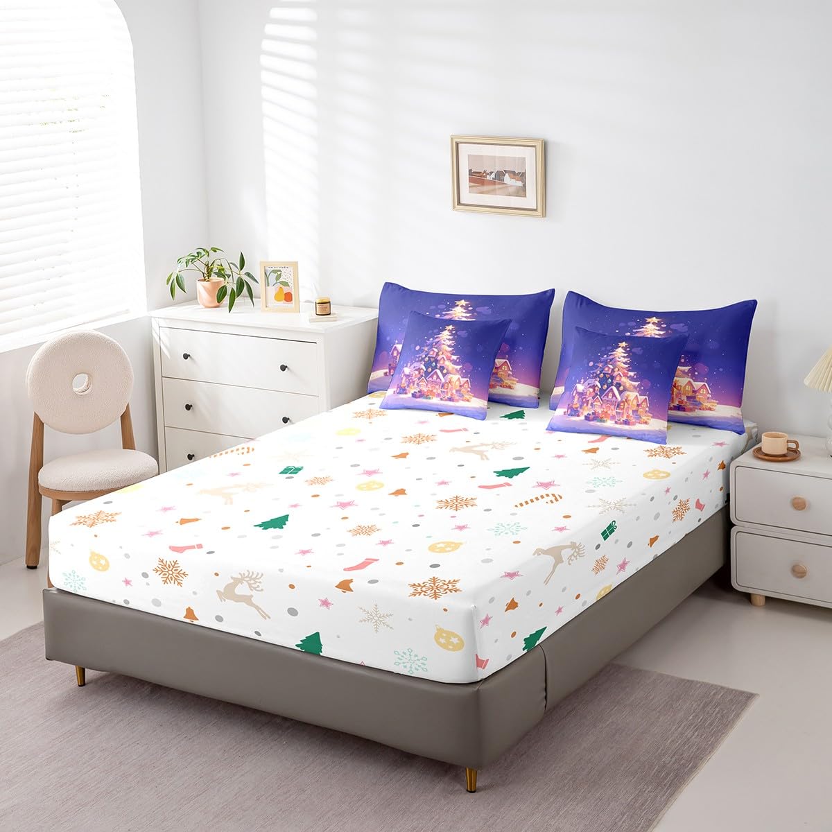 Manfei Merry Christmas 7 Pieces Comforter Set Full,Rustic Cabins Xmas Tree Gift Bedding Set for Bedroom Decor,Snow Winter Outdoor（Comforter+Fitted+Flat Sheet+2 Pillowcases+2 Throw Pillow Covers）
