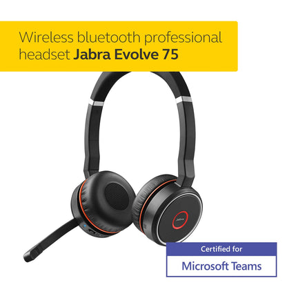 Jabra Evolve 75 MS Wireless Headset, Stereo – Includes Link 370 USB Adapter – Bluetooth Headset with World-Class Speakers, Active Noise-Cancelling Microphone, All Day Battery
