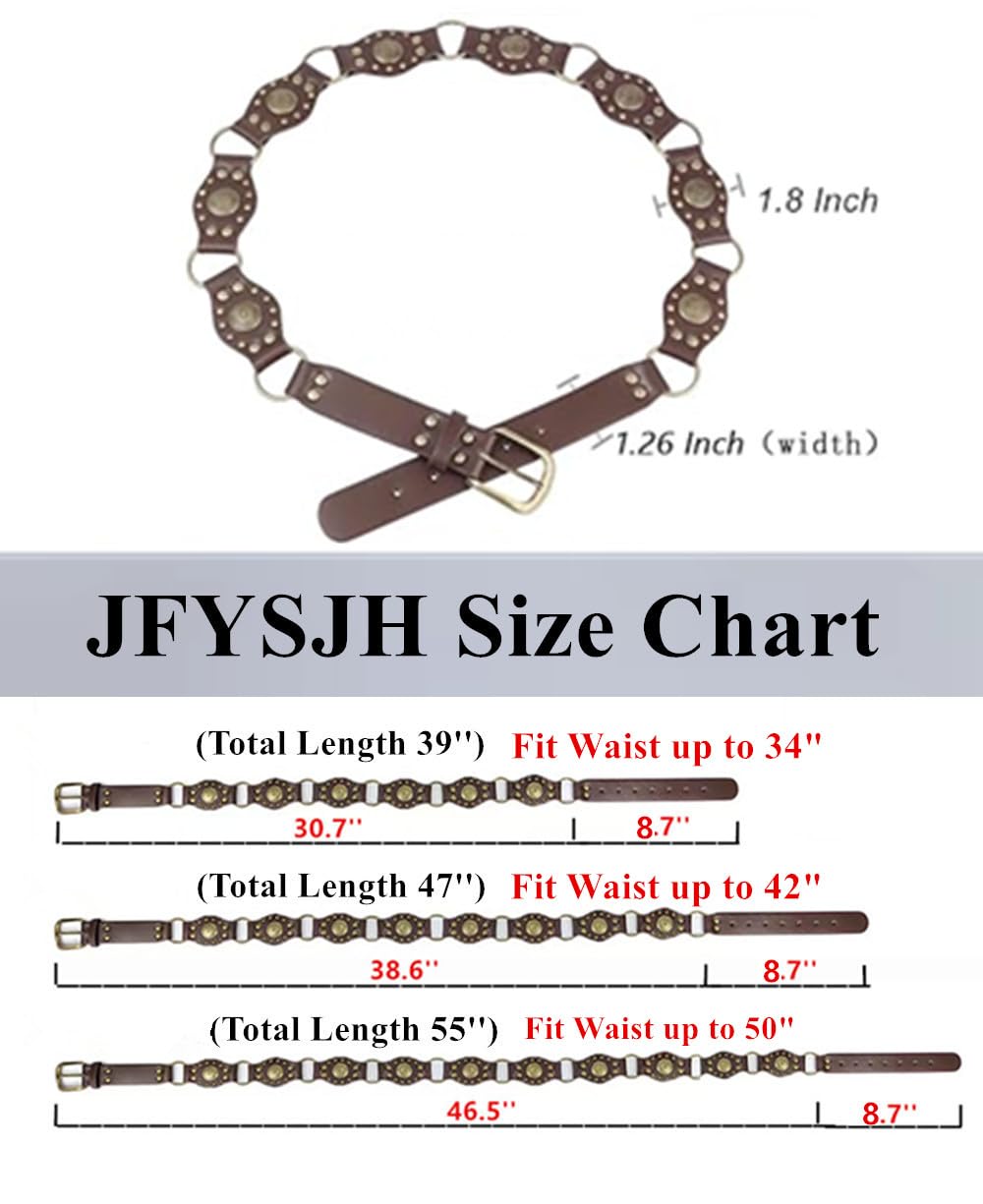 JFYSJH Brown Western Belts for Women Cowgirl Y2K Studded Leather Concho Chain Belt Wide Boho Disc Vintage Country Belts for Dresses Jeans, Fit Waist 38" to 42"