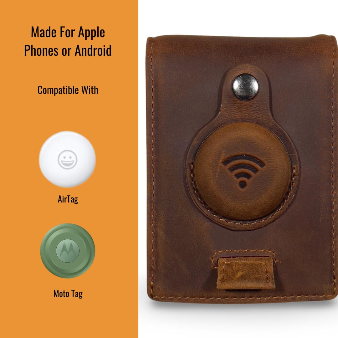Genuine Leather AirTag & Moto Tag Wallet – Minimalist RFID Blocking, Slim Bifold Credit Card Holder with Money Clip, Gift Box (Brown)