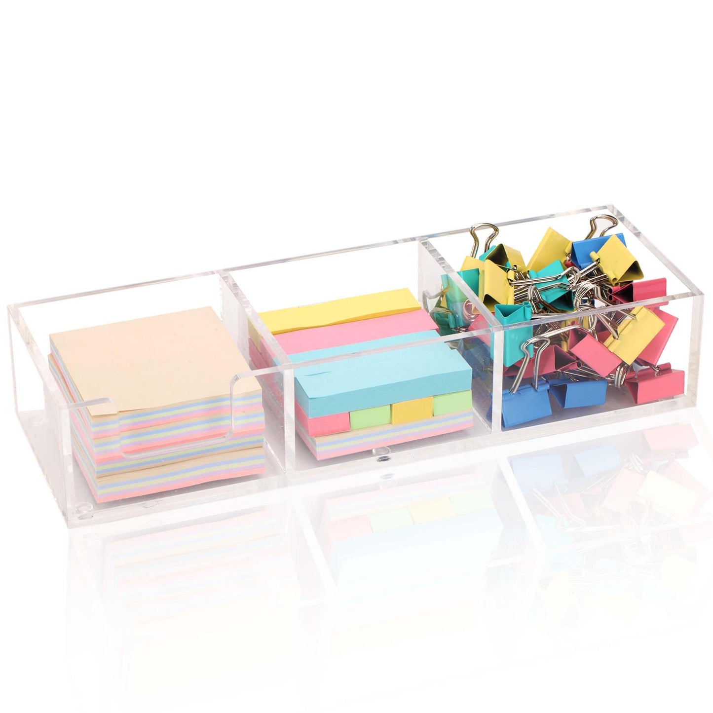 Dealpoli Acrylic 3in1 Sticky Note Holder Desk Organizer, 11.8" x 3.94" x 2.36" Self-Stick Memo Pad Dispenser for School Office Home Post Bank with 3 Compartments (DP003)