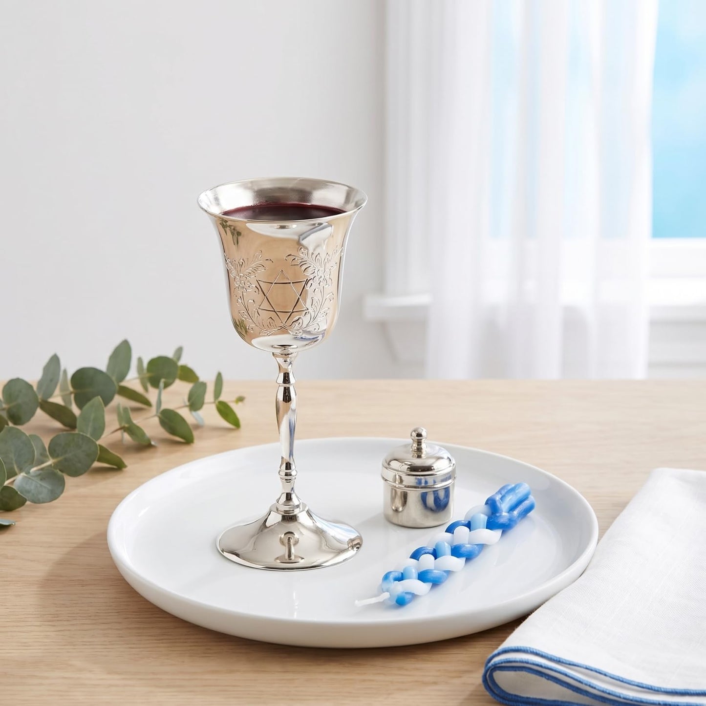 Rite Lite Tall Silvertone Kiddush Cup Passover Seder Star of David Floral Crest Premium Shabbat & Havdalah Goblet Jewish Hebrew Shabbos Gifts Modern Ceremonial Centerpiece Judaica Home Decor 6.25