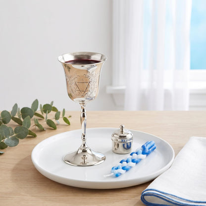 Rite Lite Tall Silvertone Kiddush Cup Passover Seder Star of David Floral Crest Premium Shabbat & Havdalah Goblet Jewish Hebrew Shabbos Gifts Modern Ceremonial Centerpiece Judaica Home Decor 6.25