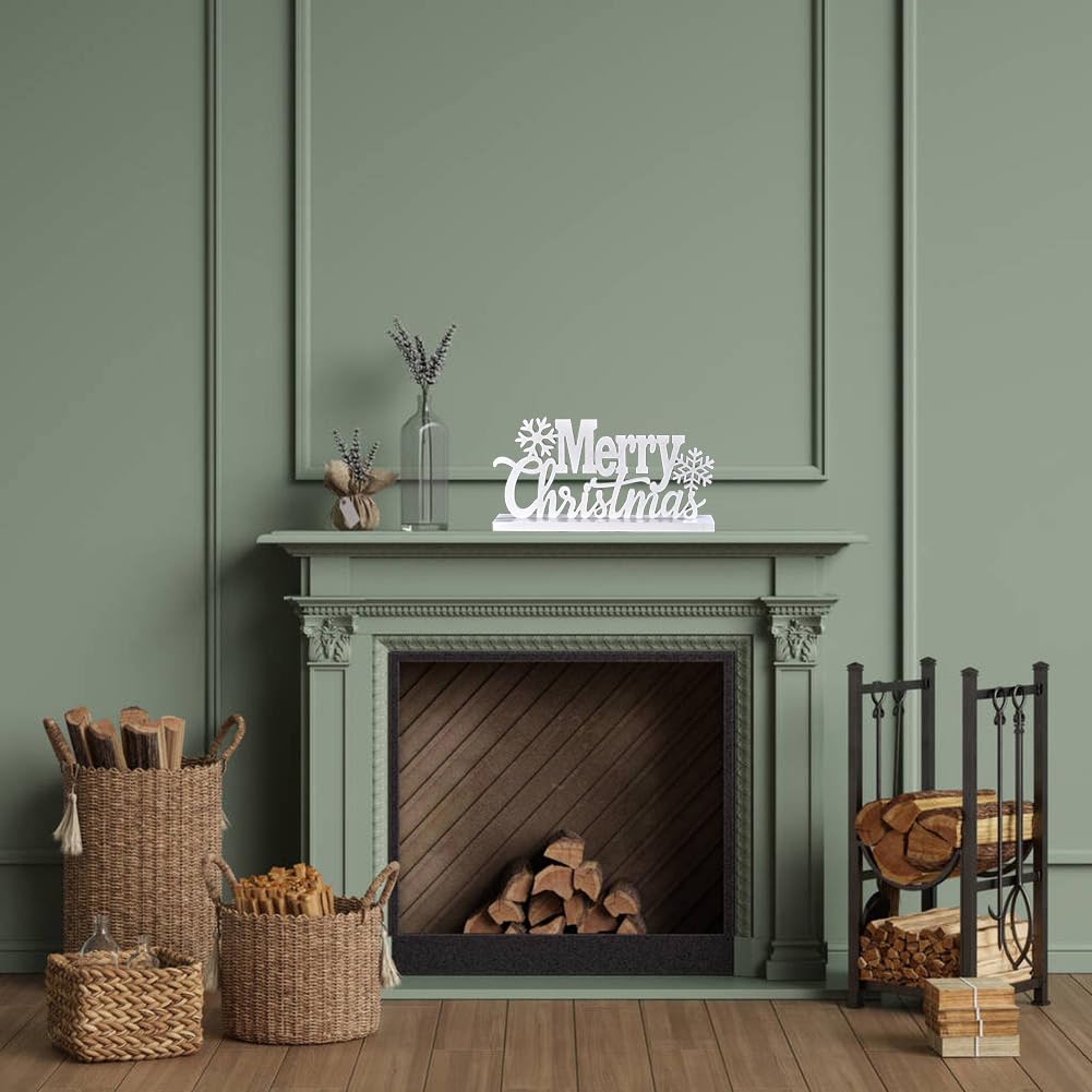 Wooden Merry Christmas Tabletop Decor, Elegant Wood Cutout with Glitter, Wooden Xmas Table Sign, Christmas Centerpiece for Xmas Party Decor for Table Tiered Tray Mantel (White)