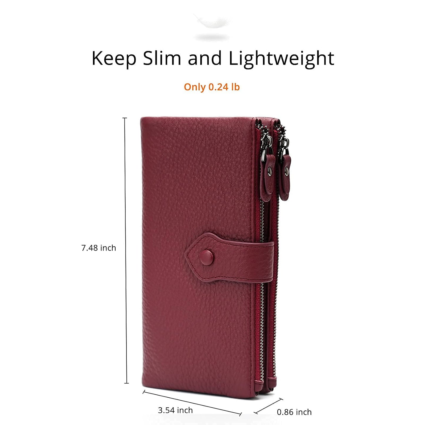 Bveyzi Women Soft Leather RFID Blocking Bifold Slim Wallets Ladies Credit Card Holder Double Zipper Pocket (Wine Red)