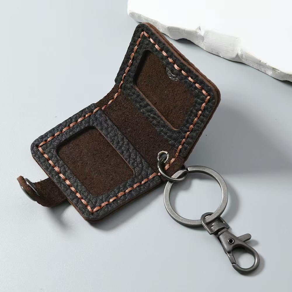 Mini Genuine Leather Photo Card Holder Keychain, Vintage Key Ring Charm with Lobster Clasp for Men Women (Black)