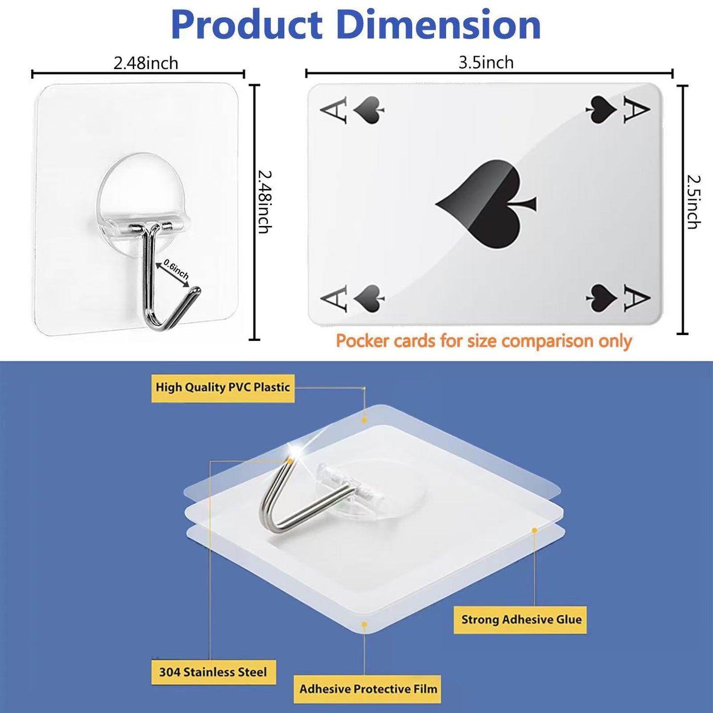 JINSHUNFA Adhesive Wall Hooks 13LB Heavy Duty No Drill Transparent Waterproof Hooks for Bathroom Kitchen Towel Coat 12 Pack