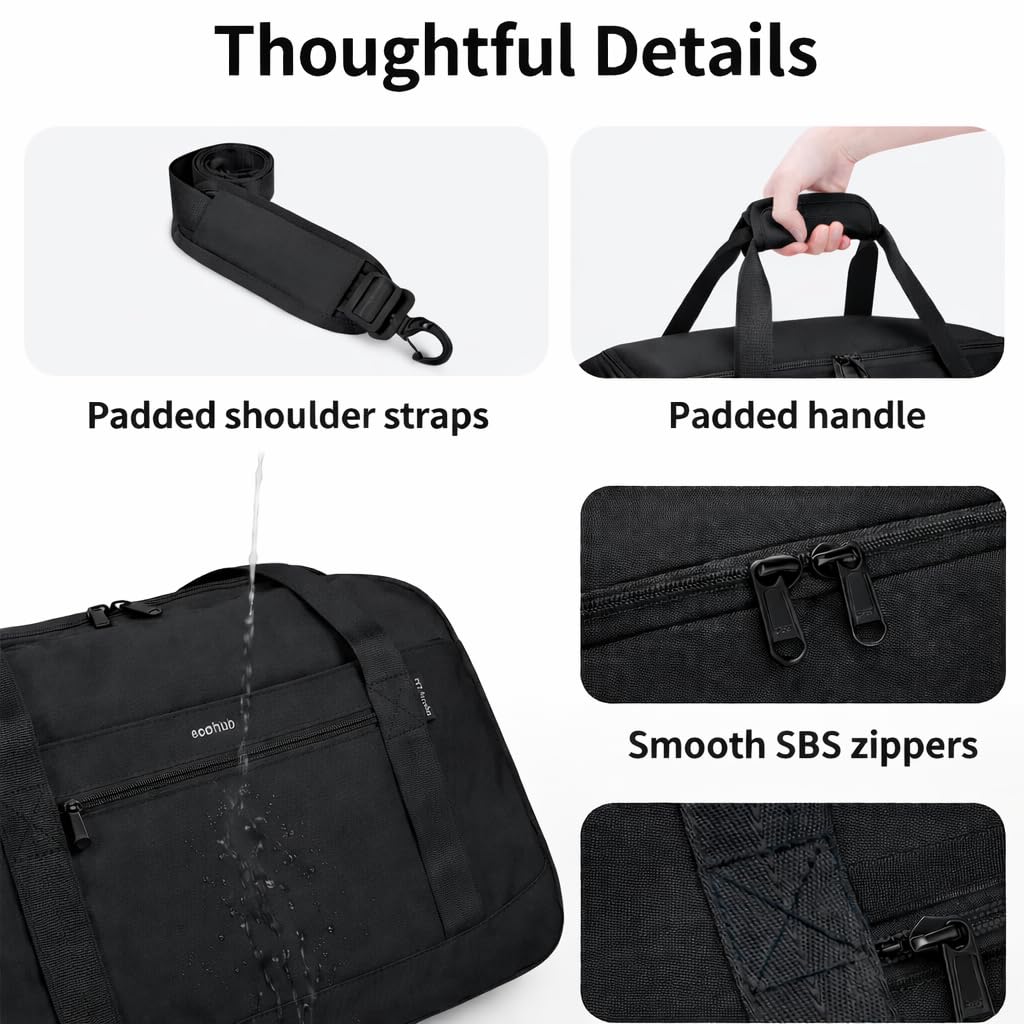 ECOHUB Personal Item Bag 16'' Small Duffel Bag Travel Bag WeekenderBag GymBag Tote Duffel bag Overnight Bags Travel Essentials for Women and Men Shoulder Bag Carry On Shoes Bag (Black)