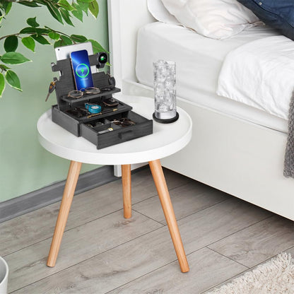 Black Wood Phone Docking Station for up to 3 Phones - Nightstand Organizer for Men & Women, Compatible with Apple Watch, Holds Phones, Tablets, Keys, Rings, Glasses, Watches, EDC & More