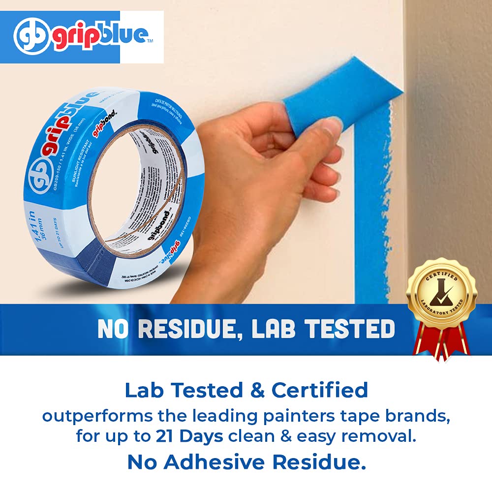 GripBlue Blue Painters Tape 1.5 Inch Wide, 30 Rolls Masking Tape - Perfect for Precise Lines on Walls & Trim, Multi-Surface, Residue-Free, Easy Removal - Ideal for Indoor & Outdoor Use, 1.41in x 60yds